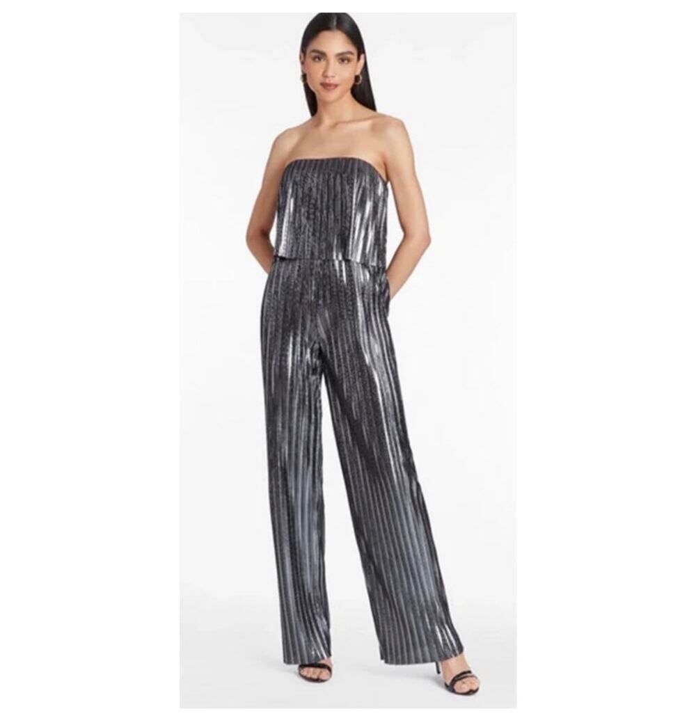 New Amanda uprichard Collina metallic silver strapless jumpsuit